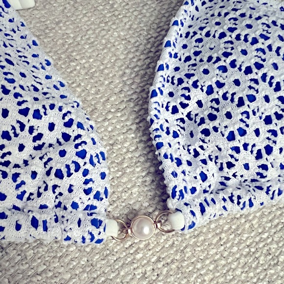 White Crochet Blue Underlay Pearl Accents Side Tie Bikini Set - Picture 3 of 12